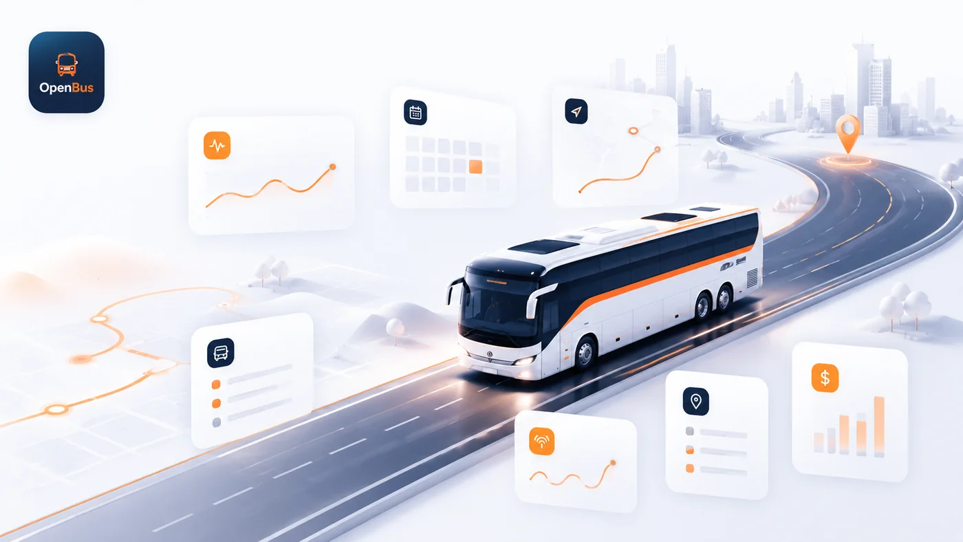 Ilustração do OpenBus conectando ônibus, rota e painéis operacionais